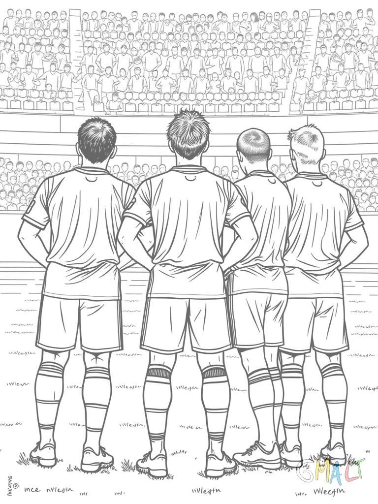 Eine Mannschaft steht in einer Reihe als Freistoßmauer. Fünf Spieler stehen dicht nebeneinander mit verschränkten Armen.