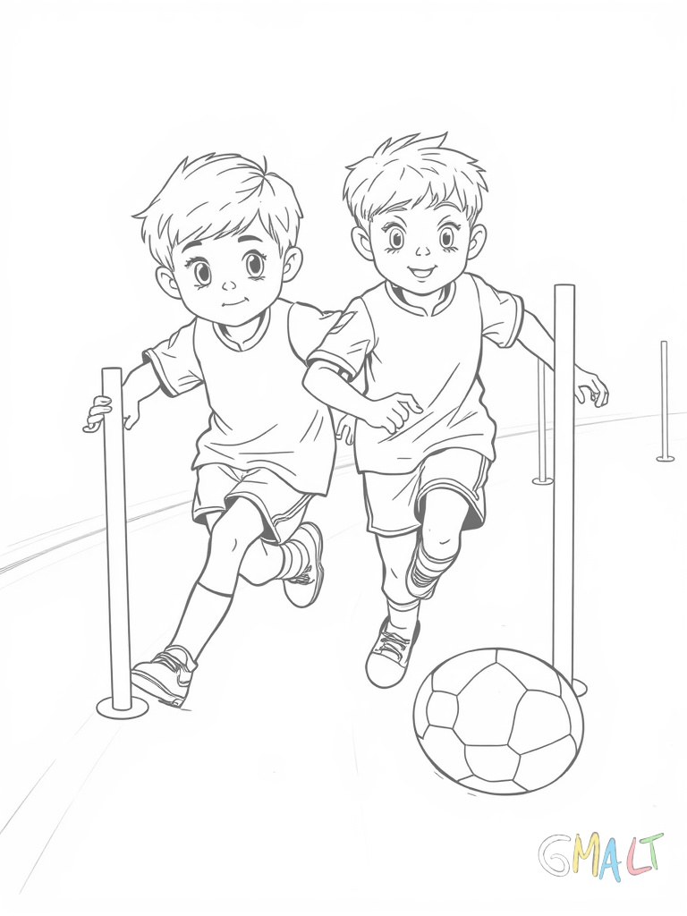 Zwei Kinder dribbeln den Ball im Slalom um aufgestellte Pylonen. Sie tragen Sportkleidung und haben konzentrierte Gesichtsausdrücke.