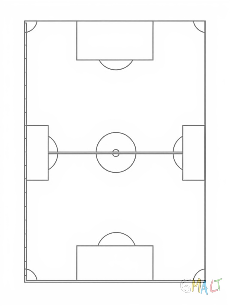 Ein Fußballfeld von oben mit allen Linien. Mittellinie Strafraum Torraum und Eckfahnen sind deutlich zu sehen.
