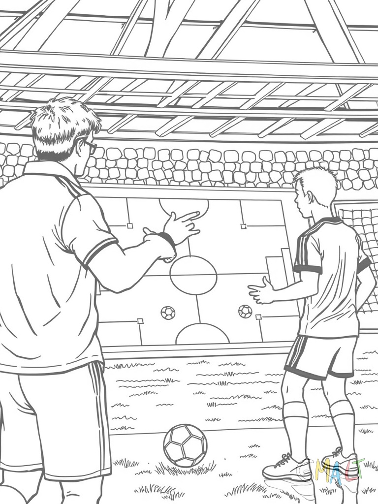 Ein Trainer erklärt seiner Mannschaft die Taktik. Er zeigt auf eine Taktiktafel mit Magneten.
