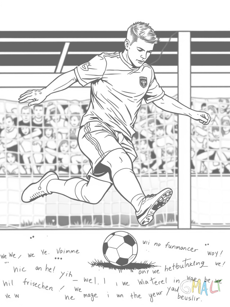 Ein Fußballspieler schießt den Ball mit dem rechten Fuß in Richtung Tor. Er trägt ein Trikot und Fußballschuhe. Sein Körper ist leicht nach hinten gebeugt.
