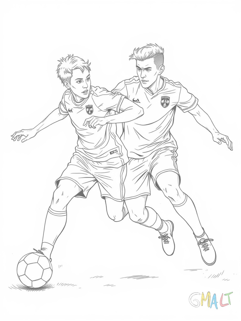 Zwei Spieler kämpfen um den Ball. Einer führt eine Grätsche aus während der andere den Ball abschirmt.
