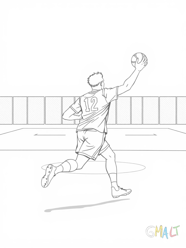Ein schneller Gegenstoß: Ein Handballspieler rennt mit dem Ball in der Hand über das leere Spielfeld. Hinter ihm sind die Mittellinie und weitere Spielfeldmarkierungen erkennbar.