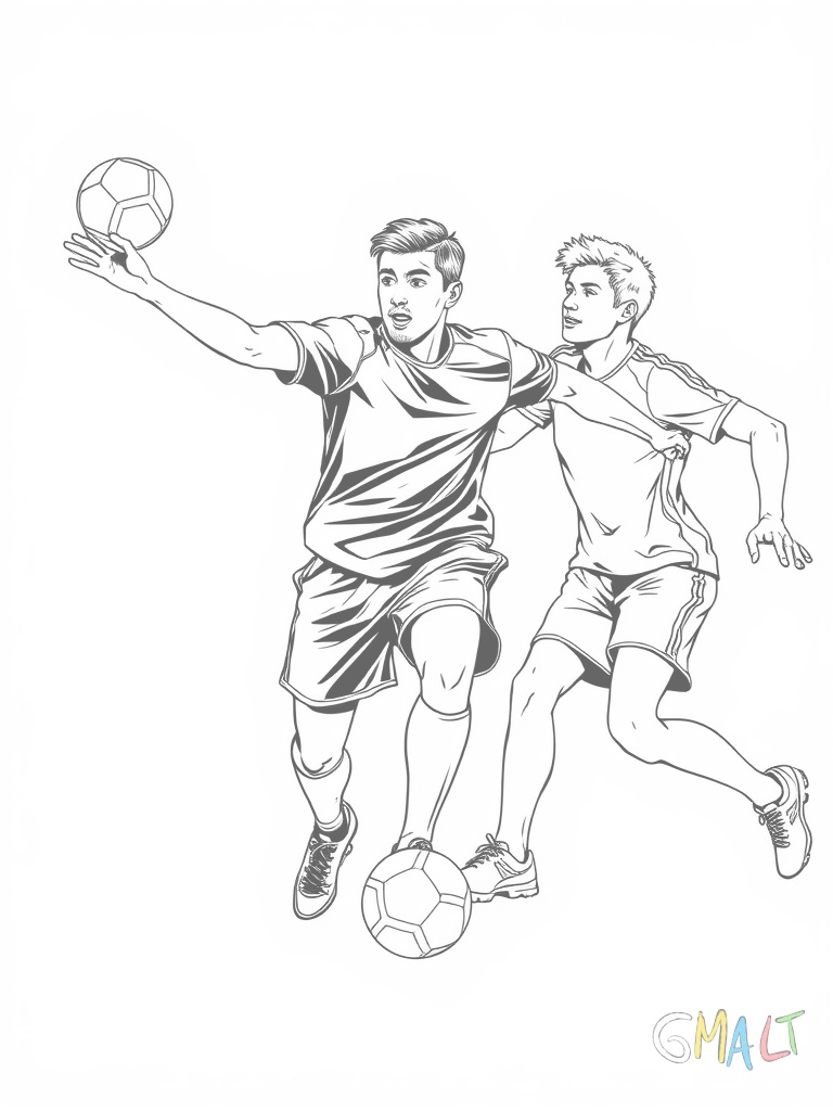 Eine Passszene mit drei Handballspielern. Der mittlere Spieler wirft den Ball nach links während der rechte Spieler versucht den Pass zu verhindern. Die Spieler sind in unterschiedlichen Laufpositionen.