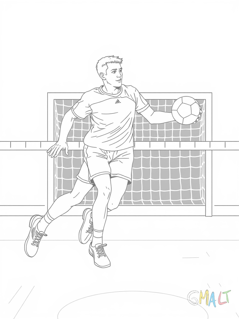 Ein Handballspieler führt einen Siebenmeter aus. Er steht an der Linie mit dem Ball in der Hand. Das Tor und gestrichelte Linien auf dem Boden sind zu sehen.