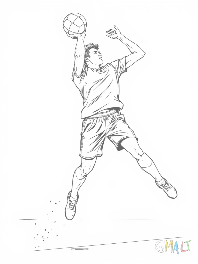 Ein Handballer springt hoch in die Luft und holt mit dem Ball in der rechten Hand zum Wurf aus. Sein linker Arm ist nach oben gestreckt für die Balance. Die Beine sind angewinkelt und zeigen die dynamische Bewegung.