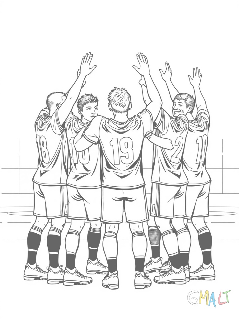 Eine Handballmannschaft jubelt gemeinsam. Sechs Spieler stehen im Kreis mit erhobenen Armen. Sie tragen einheitliche Trikots und lächeln.
