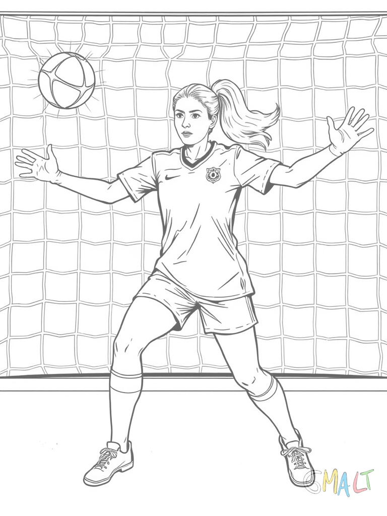 Eine Handballerin steht breitbeinig im Tor. Ihre Arme sind weit ausgebreitet und sie beugt sich leicht nach vorne um den Ball abzuwehren. Sie trägt ein Torwarttrikot.
