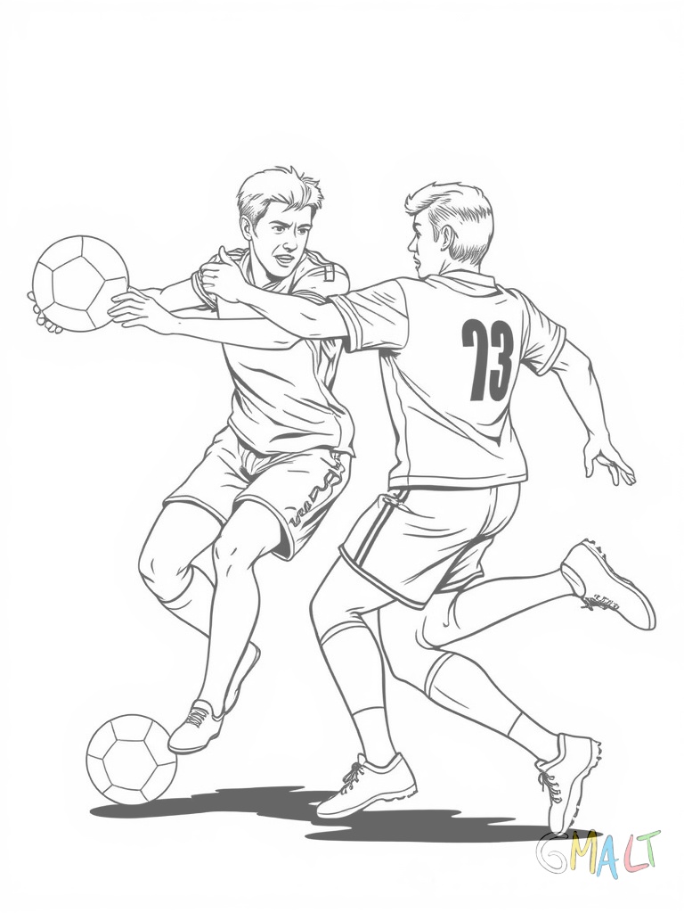 Zwei Handballspieler im Zweikampf. Der Angreifer dribbelt den Ball während der Verteidiger mit ausgebreiteten Armen und gebeugten Knien versucht ihn zu blocken.