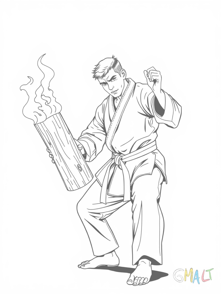 Ein Karateka zerbricht mit der Handkante ein Holzbrett. Das Brett wird von zwei Helfern gehalten. Der Karateka steht seitlich seine Hand ist zum präzisen Schlag erhoben. Sein Gesicht zeigt volle Konzentration.