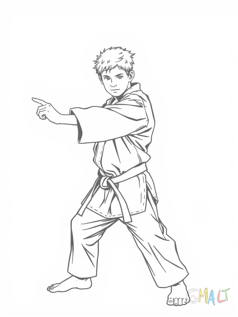 Ein junger Karateka übt einen Fauststoß aus. Er steht in stabiler Position mit einem Bein vorne. Der vordere Arm ist zur Faust geballt und gerade nach vorne ausgestreckt. Der hintere Arm ist in Schutzhaltung am Körper.