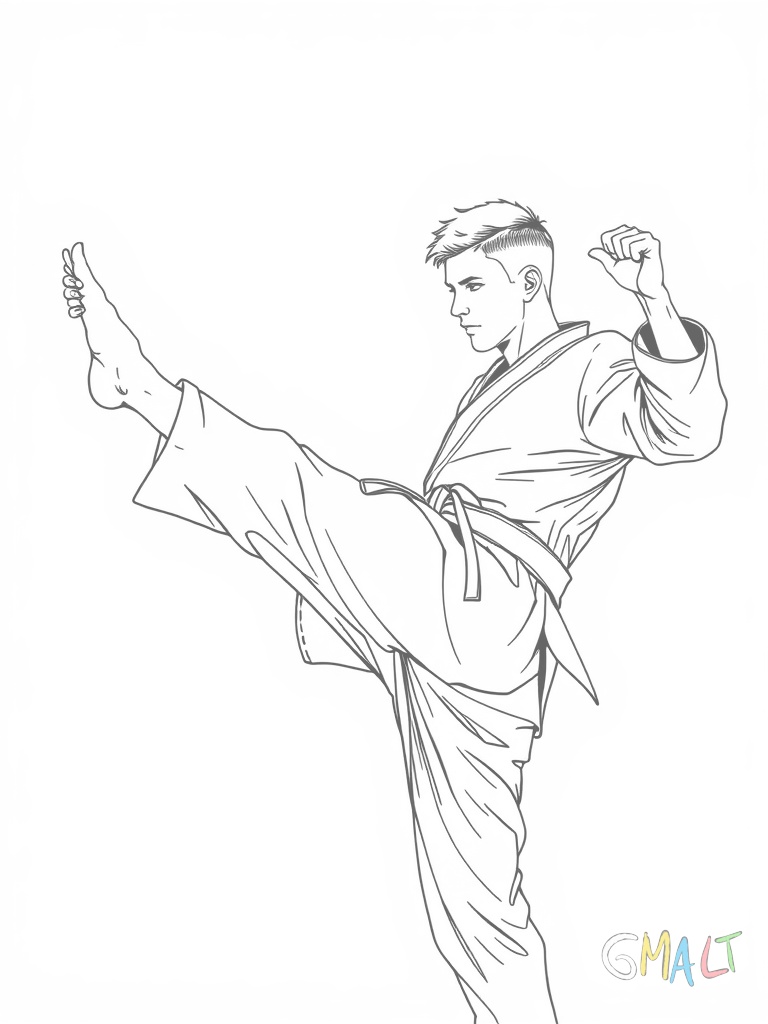 Ein junger Karateka in weißem Gi führt einen hohen Tritt aus. Sein rechtes Bein ist gestreckt nach oben gerichtet während das Standbein leicht gebeugt ist. Die Arme sind in Kampfhaltung vor dem Körper. Der Gürtel ist ordentlich gebunden.