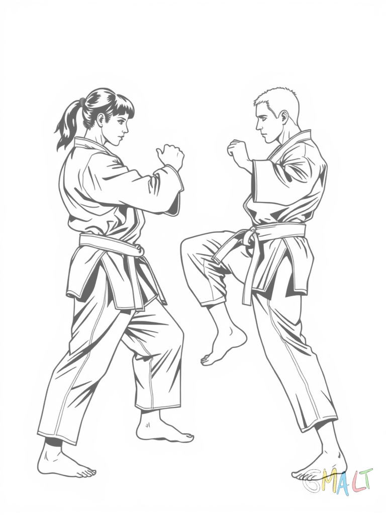 Zwei Karateka stehen sich in Kampfposition gegenüber. Beide haben ihre Fäuste erhoben und ein Bein leicht nach vorne gestellt. Sie tragen Gi und Gürtel. Ihre Körperhaltung zeigt Konzentration und Kampfbereitschaft.