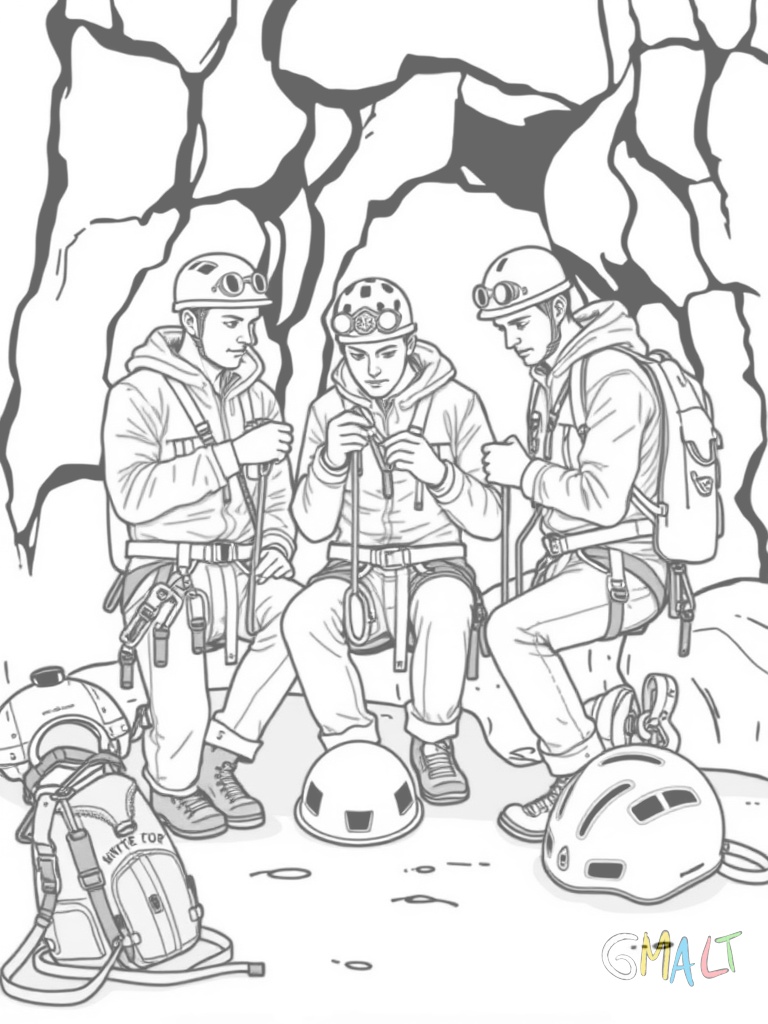 Eine Gruppe von drei Kletterern bereitet ihre Ausrüstung vor. Sie sitzen vor einer Felswand und überprüfen Seile Karabiner und Gurte. Ihre Helme liegen neben ihnen auf dem Boden. Ein Kletterrucksack steht daneben.