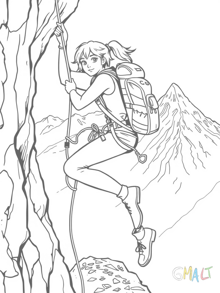 Eine Kletterin hangelt sich an einem Felsvorsprung entlang. Sie trägt einen Rucksack und ist mit Seil gesichert. Unter ihr ist ein kleiner Wanderweg zu sehen. Im Hintergrund sind Berggipfel zu erkennen. Die Kletterin zeigt eine konzentrierte Haltung.