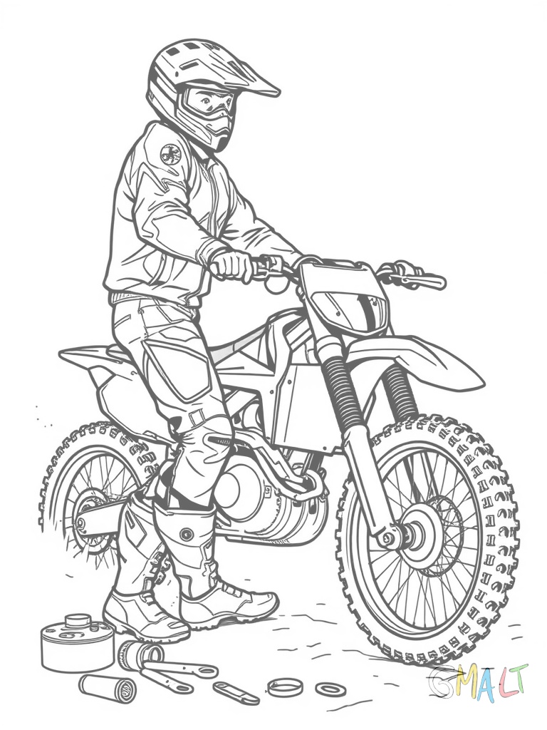 Ein Motocrossfahrer bei der technischen Kontrolle seines Motorrads. Er kniet neben dem Bike und überprüft die Kette. Werkzeug liegt daneben.