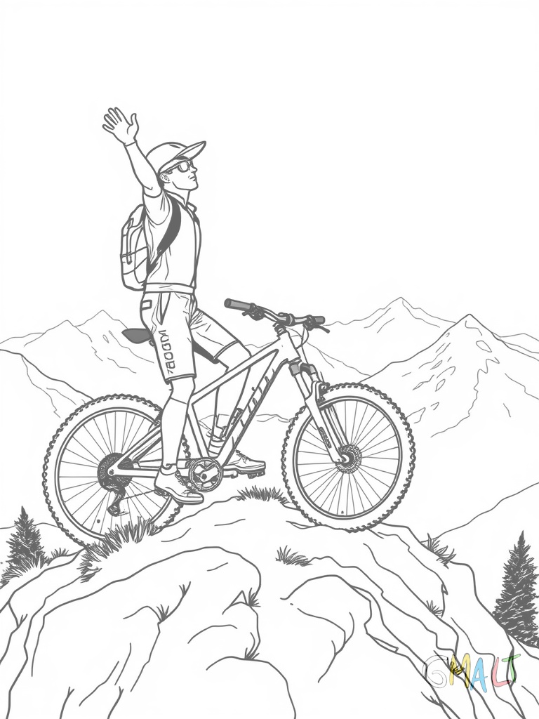 Ein Mountainbiker steht auf dem Gipfel eines Berges neben seinem Fahrrad und streckt die Arme jubelnd nach oben. Das Rad steht aufrecht daneben. Im Hintergrund sind weitere Berggipfel als einfache Silhouetten zu erkennen.