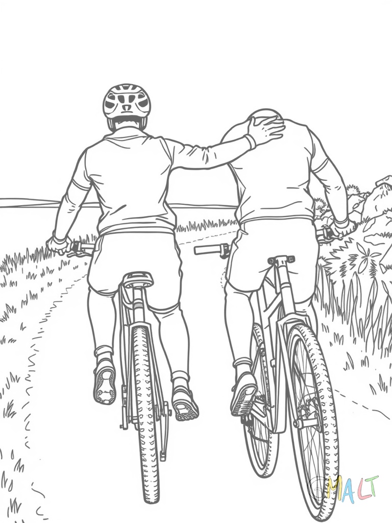 Zwei Mountainbiker fahren hintereinander einen gewundenen Weg entlang. Der vordere Fahrer zeigt mit ausgestrecktem Arm nach rechts. Beide tragen Helme und Sportkleidung. Der Weg führt durch eine einfache Wiesenlandschaft.