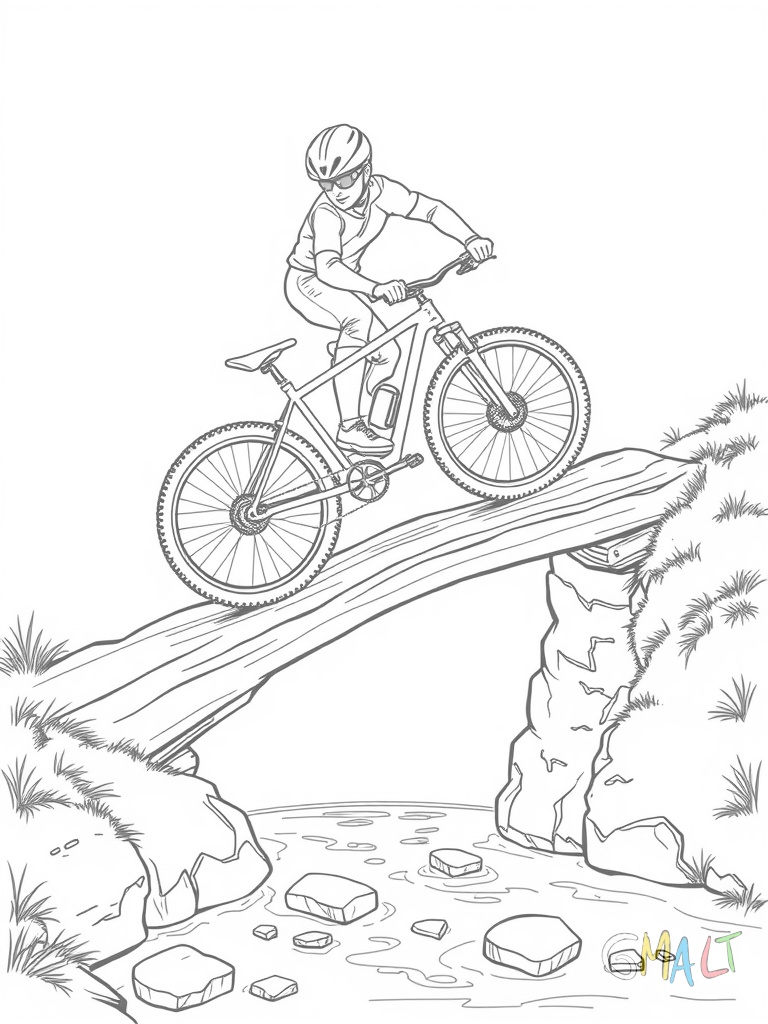 Ein Mountainbiker überquert einen schmalen Holzsteg der über einen Bach führt. Er fährt vorsichtig mit beiden Händen am Lenker. Unter dem Steg ist Wasser zu sehen. Kleine Steine liegen am Bachufer.