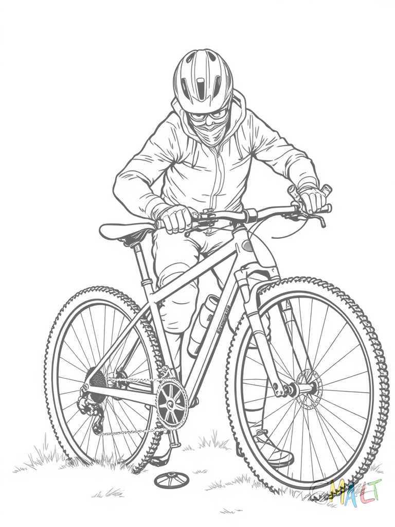Ein Mountainbiker repariert sein Fahrrad. Er kniet neben dem umgedrehten Rad und werkelt am Hinterreifen. Neben ihm liegt ein kleiner Werkzeugkasten. Der Fahrer trägt einen Helm und Handschuhe.