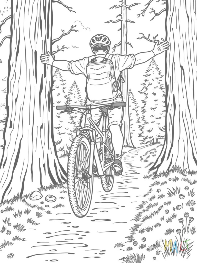 Ein Mountainbiker fährt einen steilen Waldweg bergab. Er steht auf den Pedalen und hat die Arme ausgestreckt. Zu beiden Seiten des schmalen Pfads stehen große Bäume. Der Fahrer trägt einen Rucksack und Helm.