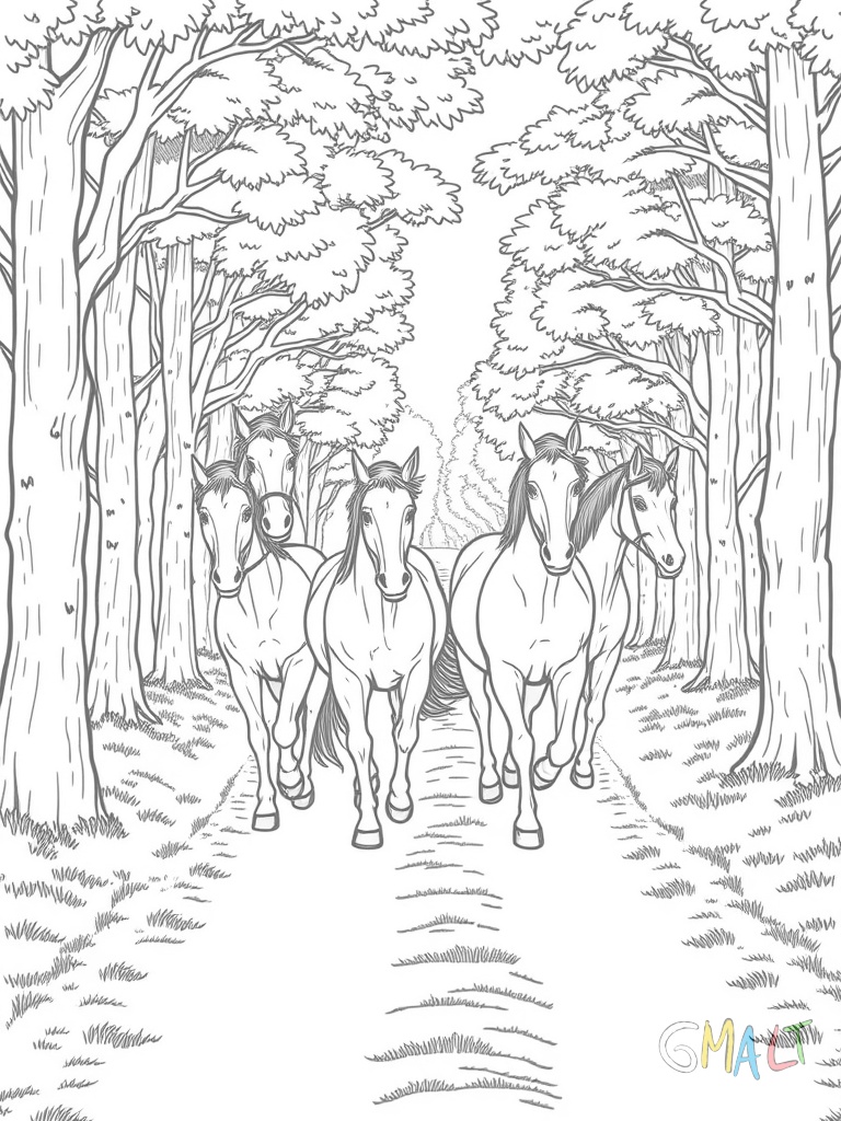 Eine Gruppe von vier Reitern reitet hintereinander auf einem Waldweg. Die Pferde gehen im Schritt. Bäume säumen den Weg zu beiden Seiten.