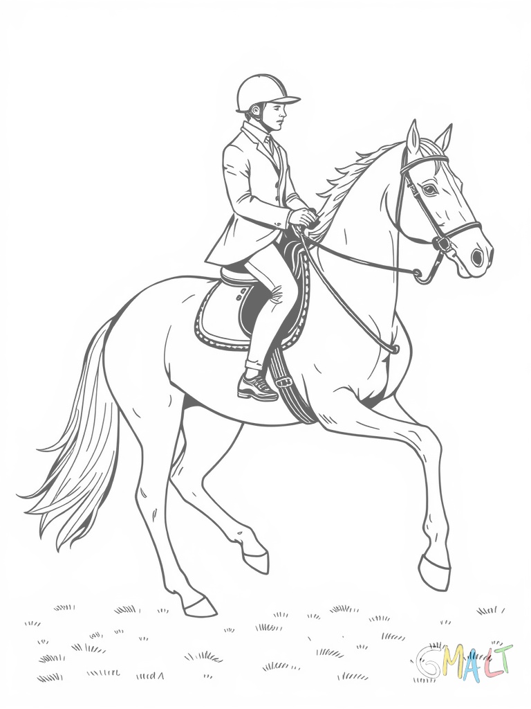 Ein Reiter übt Dressur. Das Pferd macht eine Traversale - läuft schräg seitwärts. Der Reiter sitzt aufrecht mit gerader Haltung im Sattel.