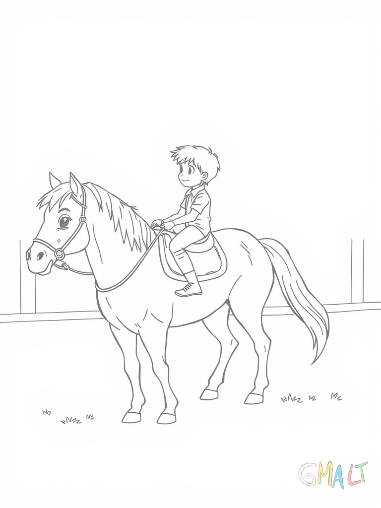 Ein Kind sitzt zum ersten Mal auf einem Pony. Ein Reitlehrer führt das Pony an einer Longe im Kreis. Das Kind hält sich am Sattel fest.