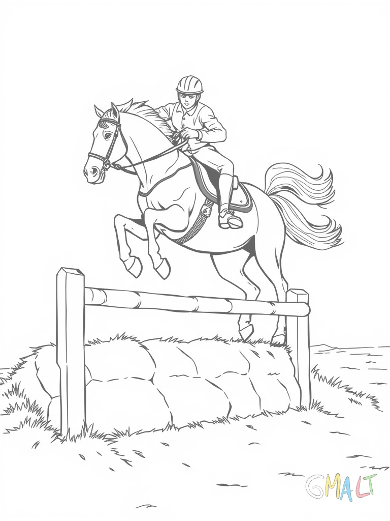 Ein Reiter springt mit seinem Pferd über ein niedriges Hindernis. Das Pferd hat die Vorderbeine angewinkelt. Der Reiter ist in der Zwei-Punkt-Position nach vorne gebeugt.