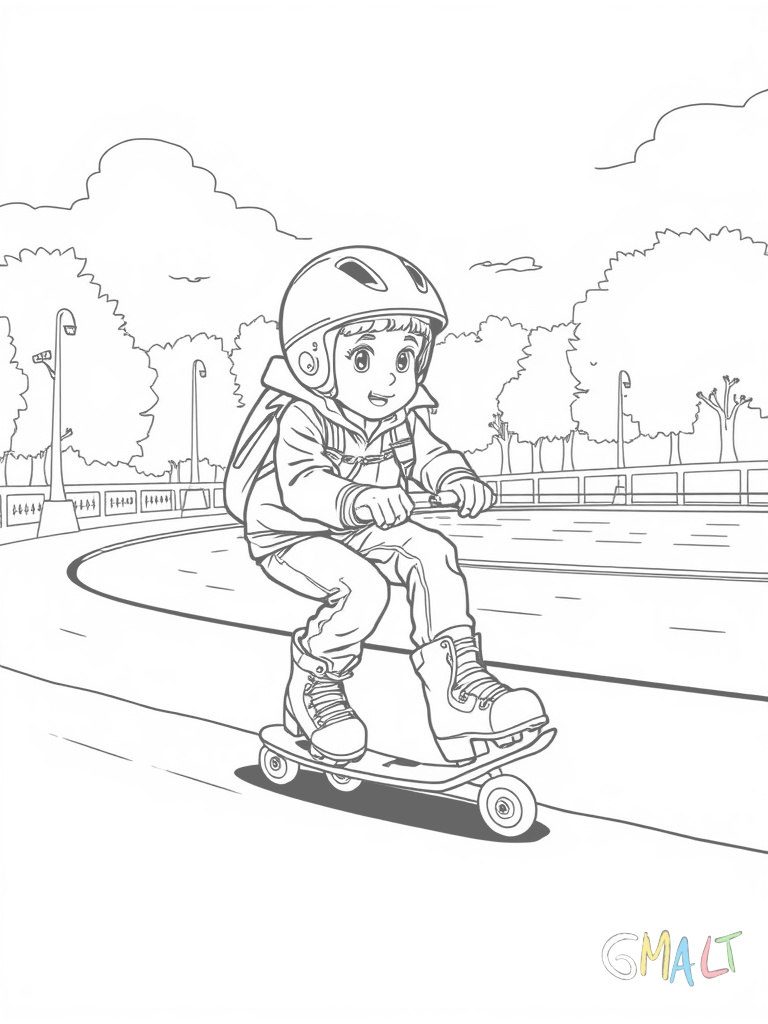 Ein kleiner Junge übt das Rollschuhlaufen. Er hält sich an einer Parkbank fest während er seine ersten Schritte auf den Rollschuhen macht. Er trägt einen Helm und schaut konzentriert nach unten.
