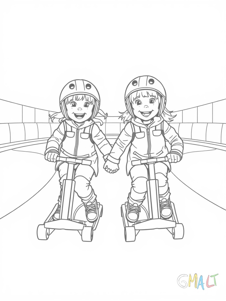 Zwei Kinder fahren Hand in Hand im Kreis auf einer leeren Rollschuhbahn. Sie tragen Schutzausrüstung mit Helm Knieschonern und Handgelenkschützern. Beide lachen und haben sichtlich Spaß.