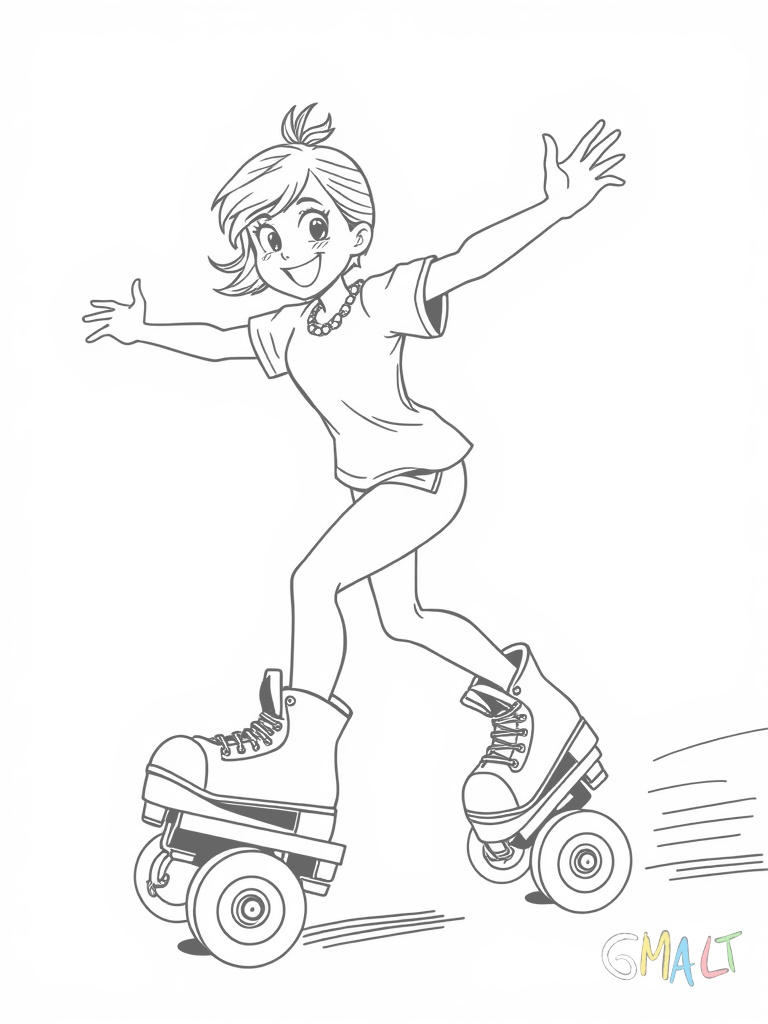 Ein Mädchen mit Zöpfen fährt lächelnd auf Rollschuhen. Sie trägt ein T-Shirt und eine kurze Hose. Ihre Arme sind für die Balance ausgestreckt. Die Rollschuhe haben jeweils vier Rollen und sie rollt nach rechts.