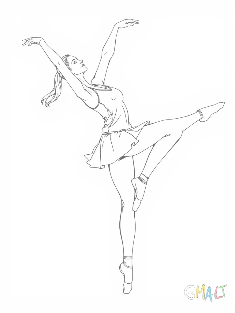 Eine Rollschuhläuferin zeigt eine Pirouette. Sie steht auf einem Bein während das andere nach hinten gestreckt ist. Ihre Arme sind elegant über dem Kopf ausgestreckt. Sie trägt ein Trainingsoutfit.
