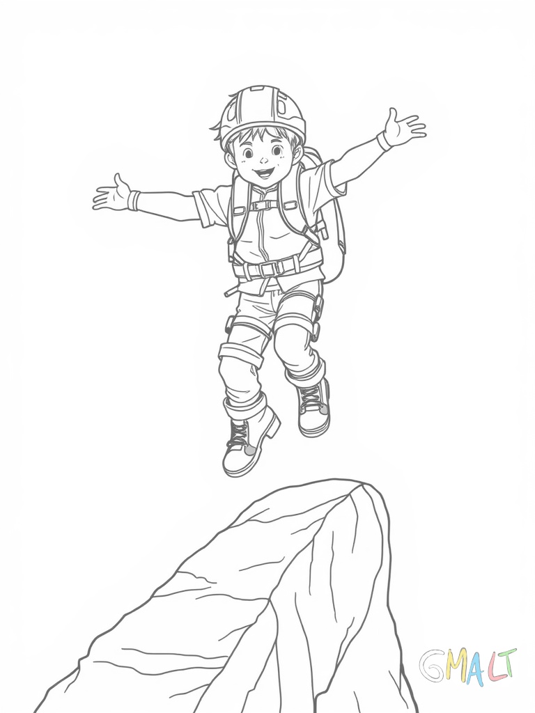 Ein Kind springt mit den Rollschuhen über eine kleine Rampe. Die Arme sind zum Balancieren seitlich ausgestreckt. Das Kind trägt komplette Schutzausrüstung und einen Rucksack.