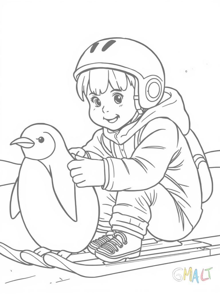 Ein Kind macht seine ersten Schlittschuhversuche und hält sich an einer Eislaufhilfe fest. Die Eislaufhilfe hat die Form eines Pinguins. Das Kind trägt einen Helm und Knieschoner zum Schutz.
