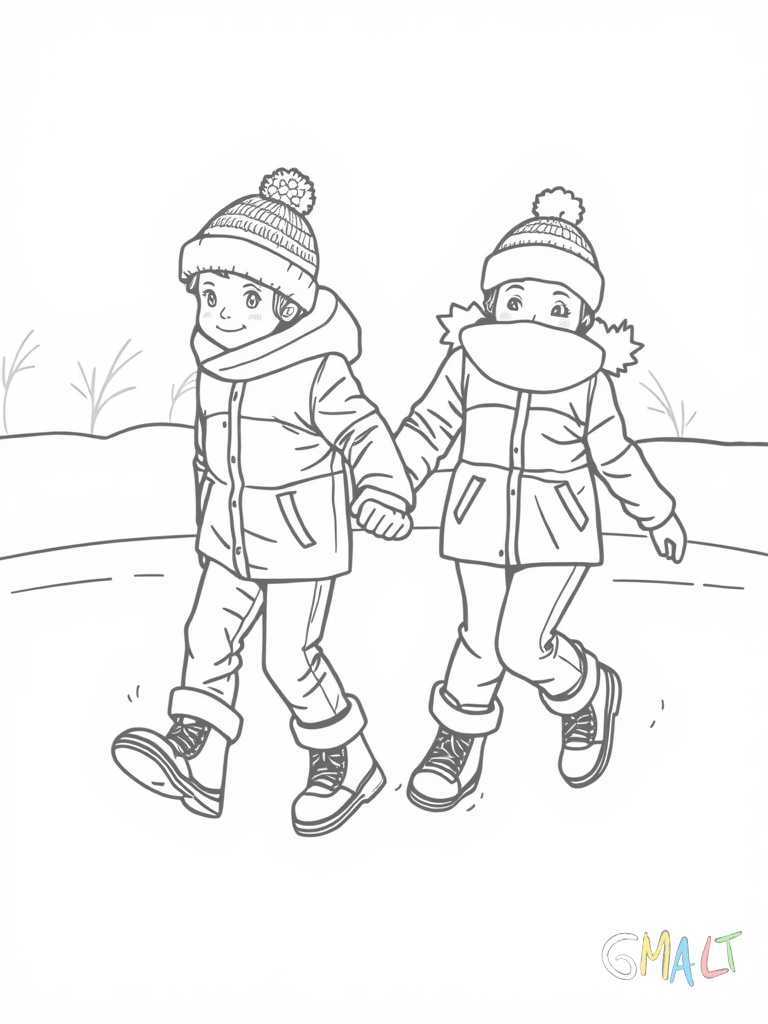 Zwei Kinder fahren Hand in Hand im Kreis auf einer Eisfläche. Sie tragen Mützen und dicke Winterkleidung. Ihre Schlittschuhe sind leicht nach innen geneigt während sie die Runde drehen.