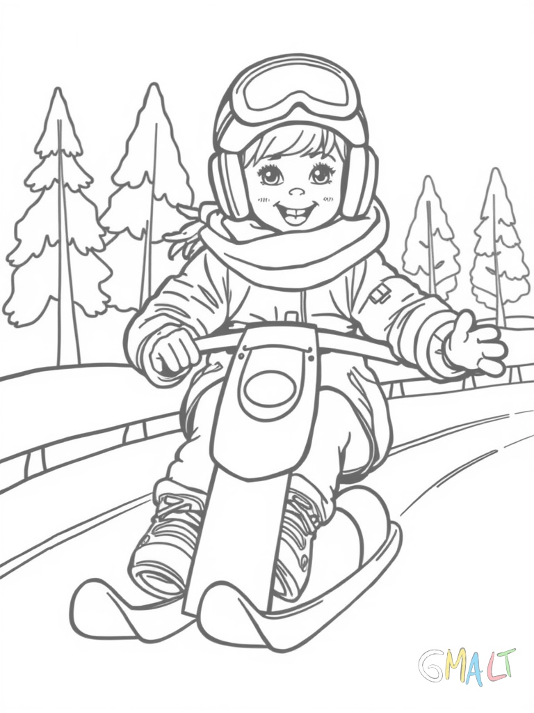 Ein kleines Mädchen mit Zöpfen und Winterjacke fährt eine elegante Kurve auf der Eisbahn. Ihre Arme sind zur Balance ausgestreckt und ein fröhliches Lächeln ziert ihr Gesicht. Im Hintergrund sind einfache Bäume zu sehen.