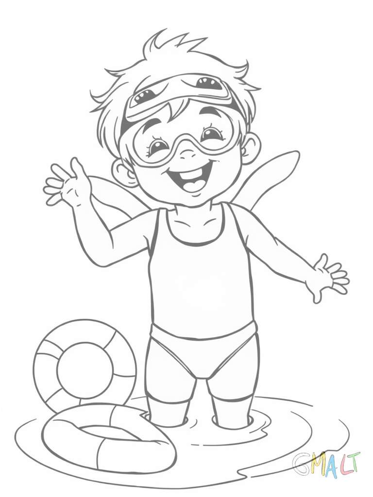 Ein Kind mit Schwimmflügeln und Taucherbrille steht am Beckenrand und winkt fröhlich. Es trägt eine Badehose und man sieht seine nassen Haare. Vor ihm liegt ein bunter Tauchring im Wasser.