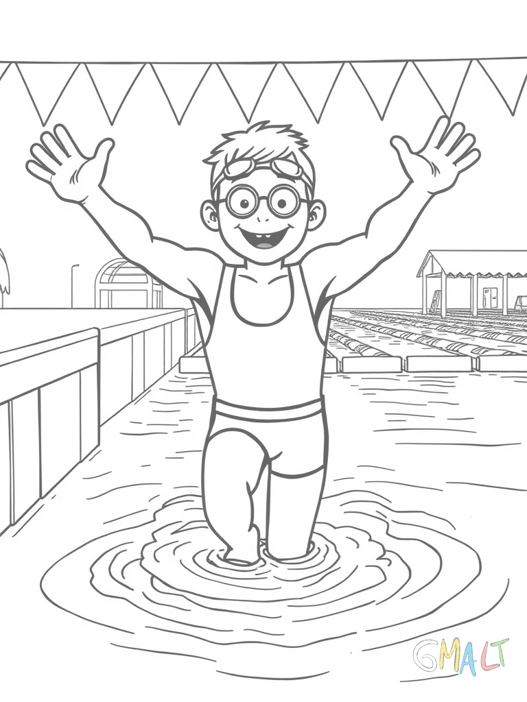 Ein fröhlicher Schwimmer in Badehose und Schwimmbrille macht einen Kopfsprung vom Startblock ins Wasser. Seine Arme sind nach vorne gestreckt und die Beine leicht angewinkelt. Im Hintergrund sind Bahnenleinen und andere Startblöcke zu sehen.
