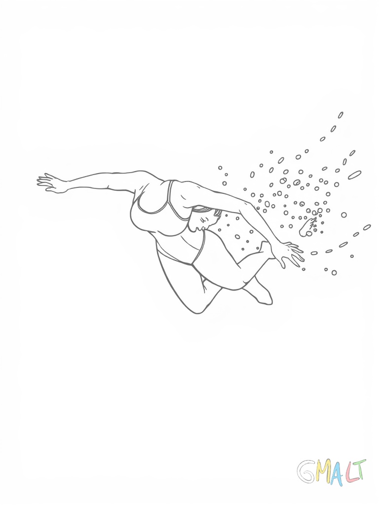 Eine Schwimmerin im Badeanzug gleitet elegant durch das Wasser. Sie schwimmt Kraul mit ausgestreckten Armen und regelmäßigen Beinbewegungen. Luftblasen steigen neben ihr auf. Die Schwimmbahn ist durch Leinen begrenzt.