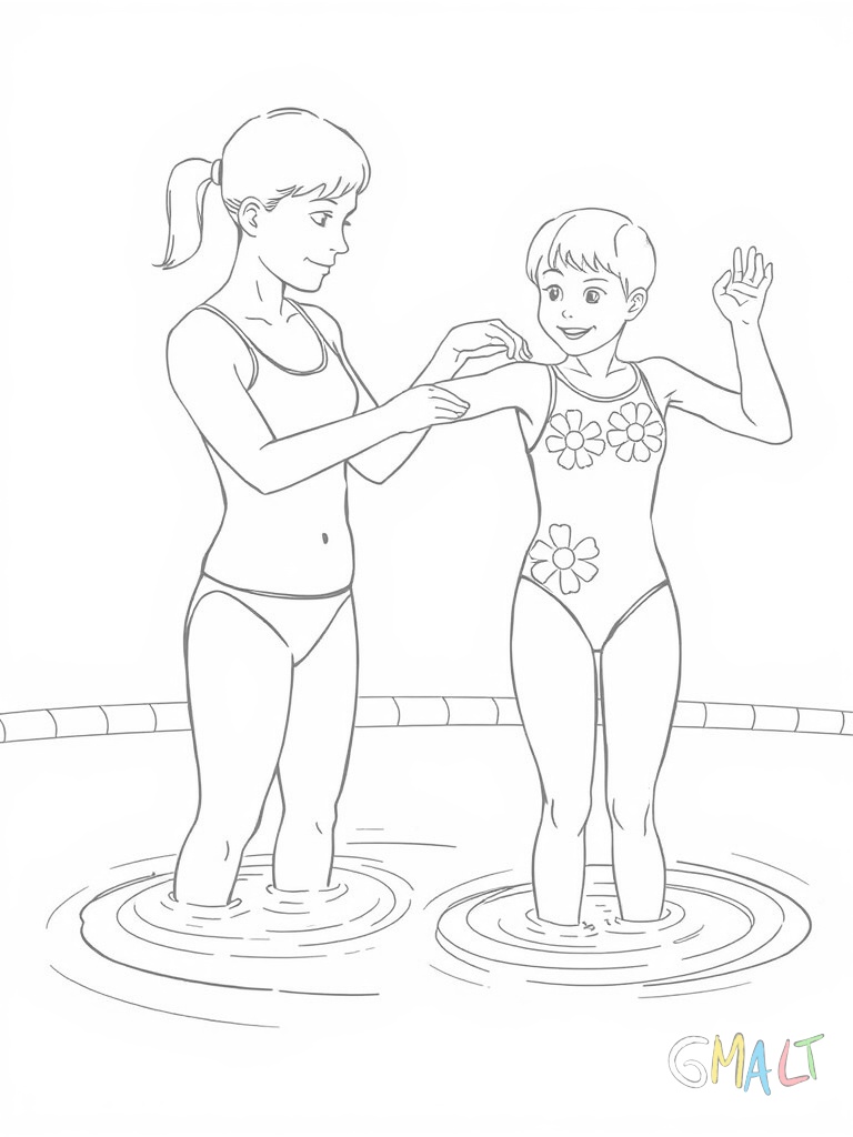Ein Schwimmlehrer zeigt einem kleinen Mädchen die richtige Armtechnik für das Brustschwimmen. Beide stehen hüfthoch im Wasser. Das Mädchen trägt einen Badeanzug mit Blumenmuster. Der Lehrer macht die Bewegung vor.