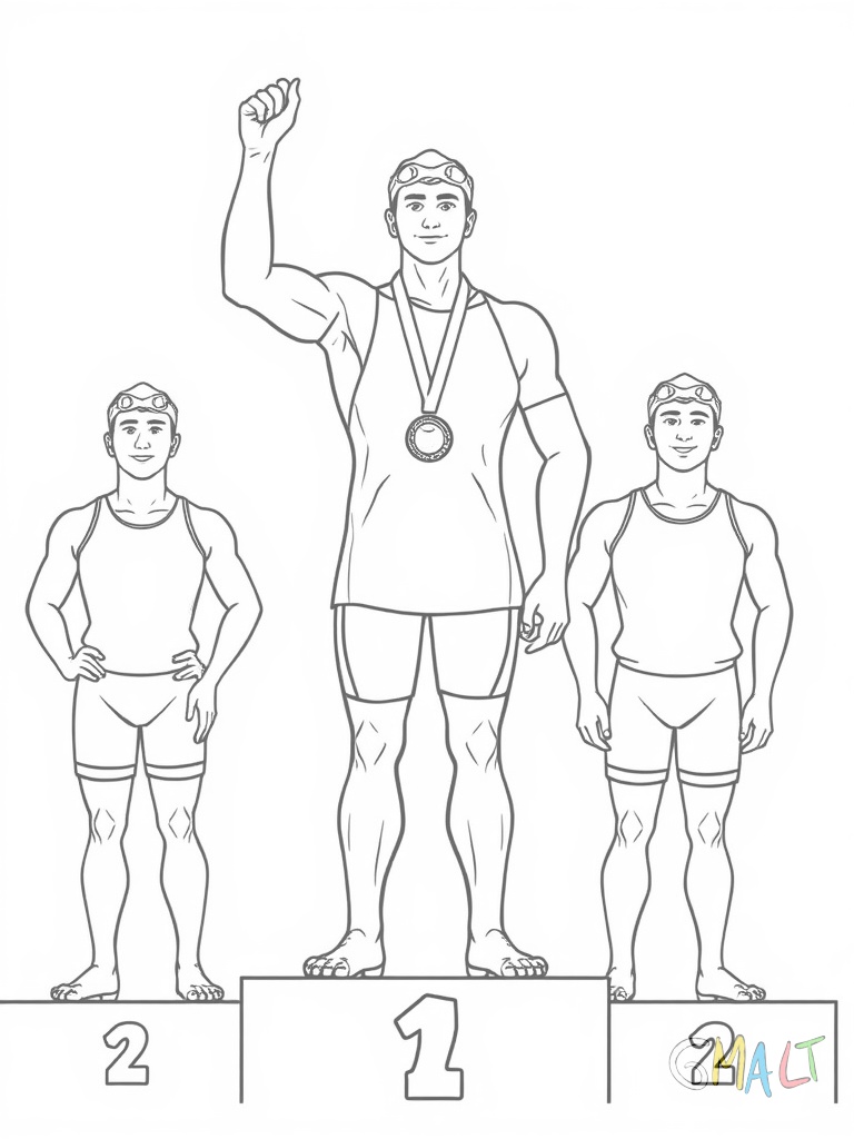 Ein Schwimmer in Wettkampfkleidung steht auf dem Siegertreppchen und hält stolz eine Medaille hoch. Er trägt eine Badekappe und eine Schwimmbrille auf der Stirn. Neben ihm stehen zwei weitere Schwimmer auf dem Podest.