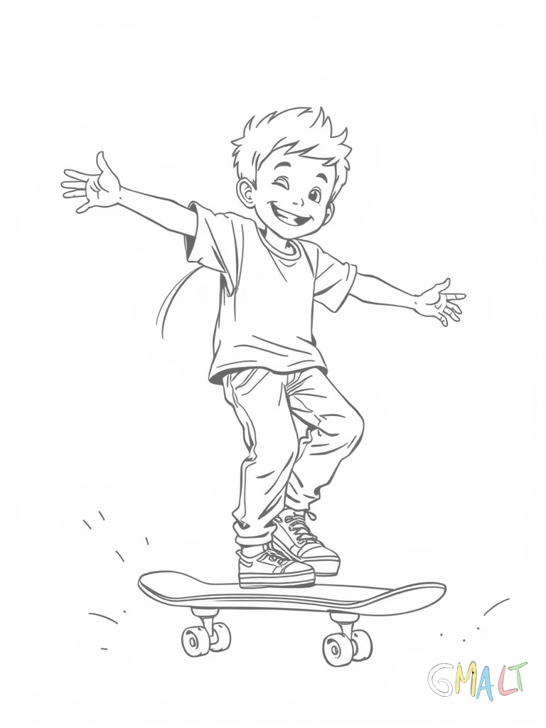 Ein lachender Junge übt das Balancieren auf dem stehenden Skateboard. Seine Arme sind seitlich ausgestreckt und ein Fuß steht auf dem Board während der andere sich leicht abstützt.