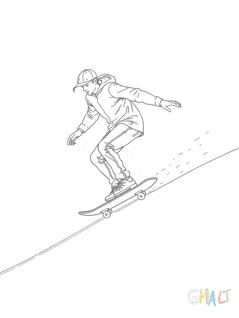 Ein Skater gleitet auf seinem Board eine lange gerade Rampe hinunter. Seine Haltung ist tief und konzentriert mit leicht gebeugten Knien.