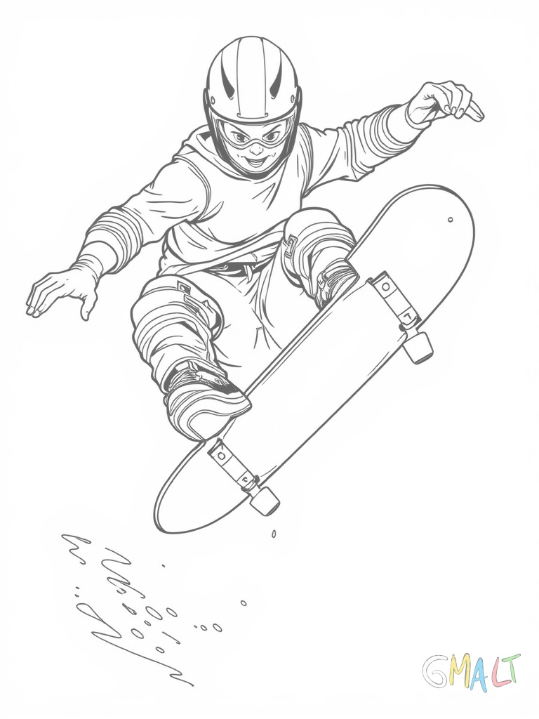 Ein Skater macht einen Kickflip. Das Board dreht sich unter seinen Füßen in der Luft. Er trägt einen Helm und Protektoren an Knien und Ellbogen.