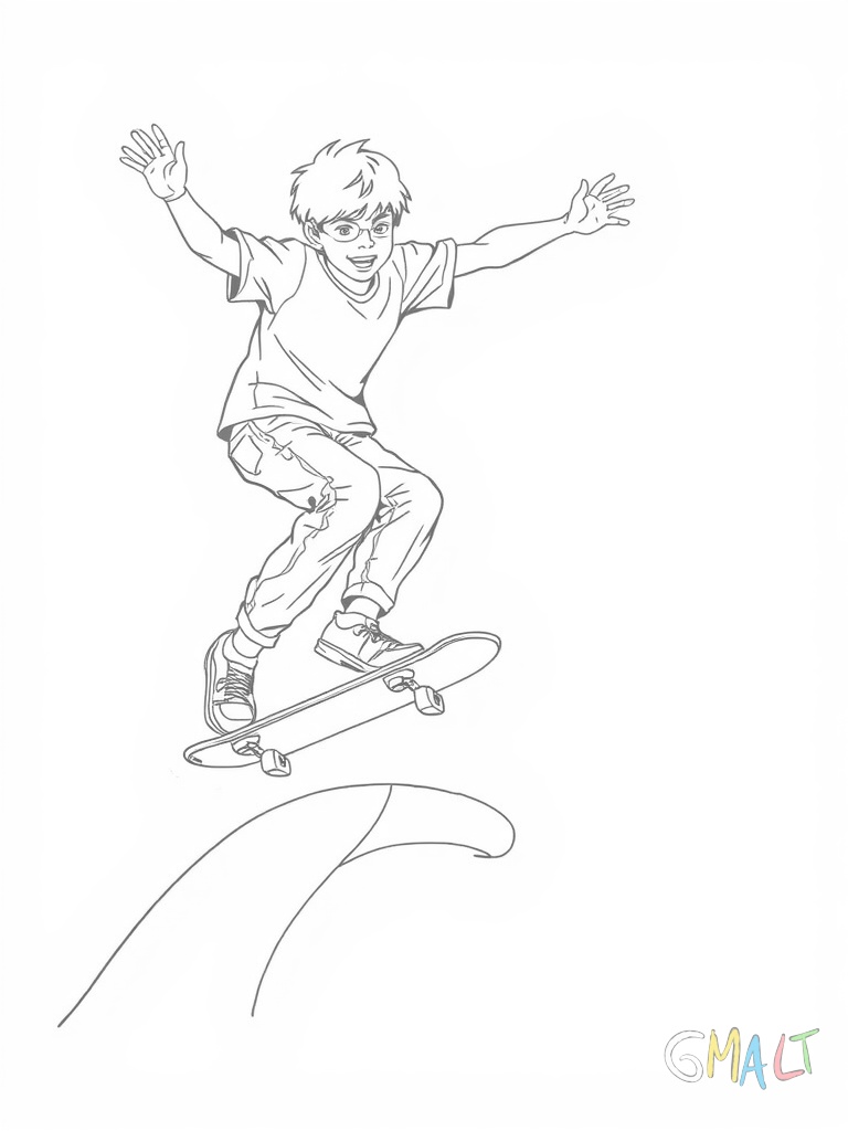 Ein junger Skater springt mit seinem Board über eine kleine Rampe. Seine Arme sind zum Balancieren ausgestreckt und die Knie leicht angewinkelt. Das Skateboard ist parallel zum Boden in der Luft.
