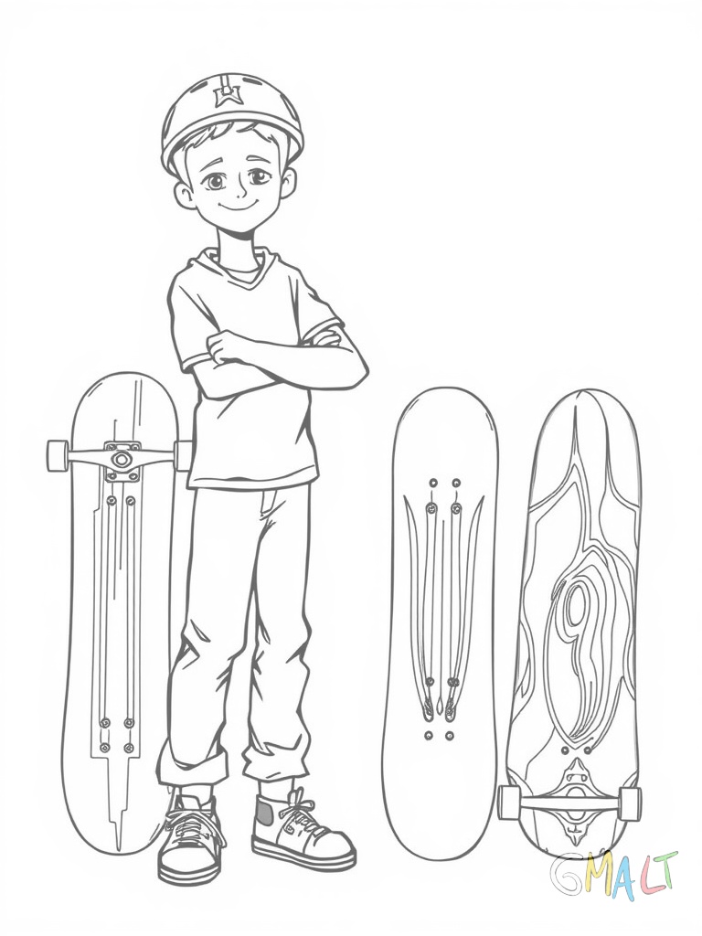 Ein junger Skater steht stolz neben einer Reihe von drei aufgestellten Skateboards. Er zeigt mit ausgestrecktem Arm auf seine Sammlung und trägt einen Helm.