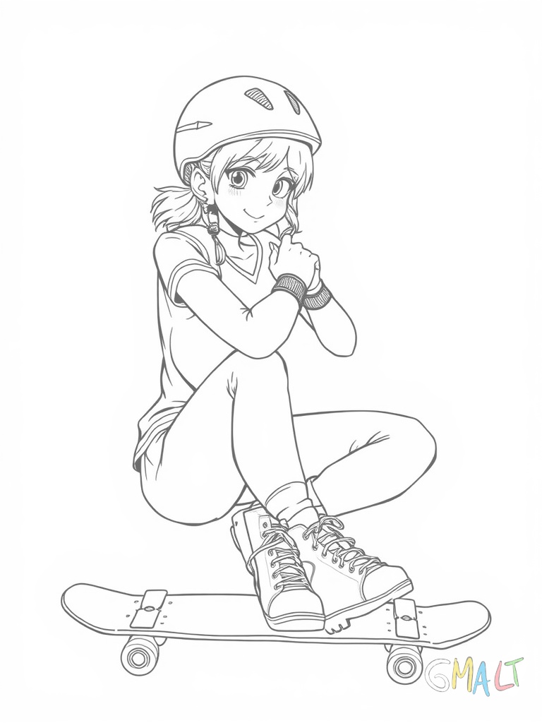 Ein sitzendes Mädchen bindet sich die Schnürsenkel ihrer Skater-Schuhe. Neben ihr liegt das Skateboard mit sichtbaren Rollen. Sie trägt einen Helm und Knieschoner.