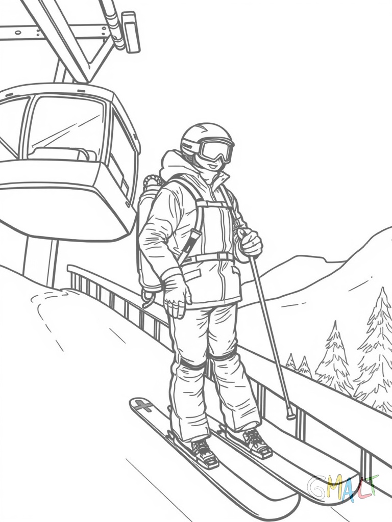 Ein Skifahrer wartet oben am Skilift. Er hält den Bügel in der Hand und ist bereit loszufahren. Seine Skier sind parallel zur Aufstiegsspur ausgerichtet.