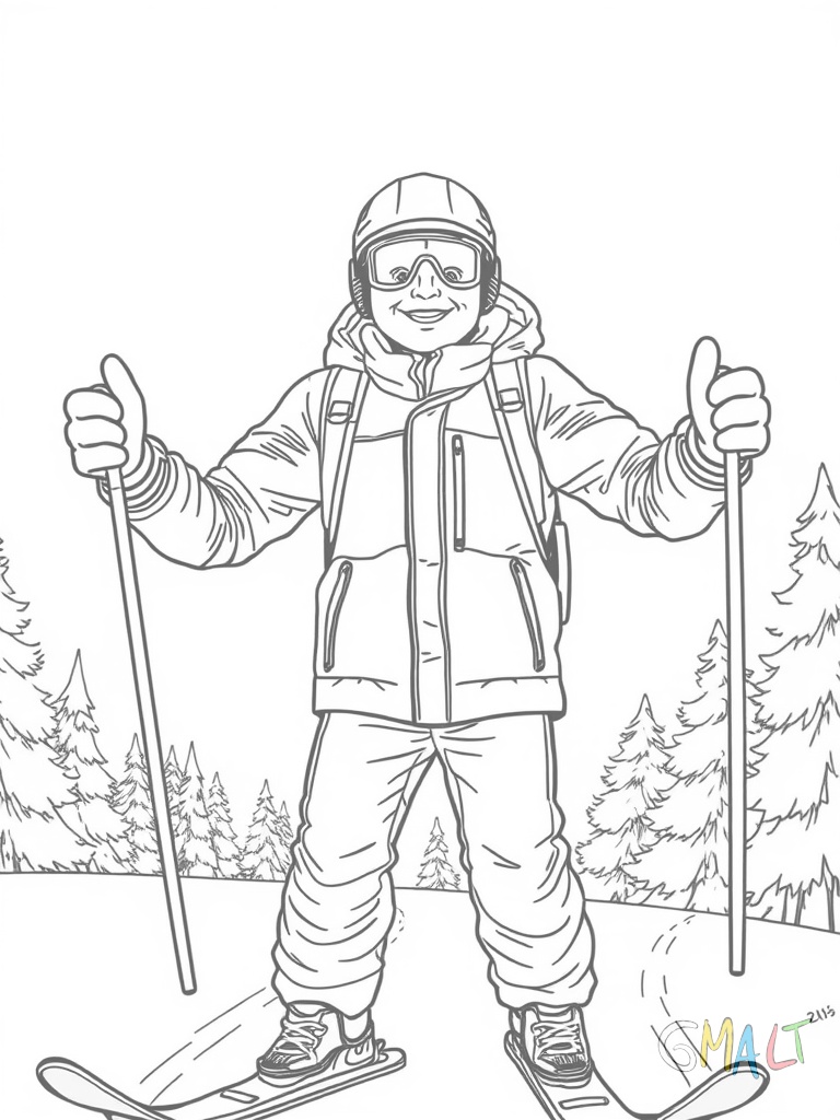 Ein lächelnder Skianfänger steht breitbeinig im Schneepflug auf einer sanften Anfängerpiste. Die Skispitzen zeigen leicht nach innen. Seine Arme sind ausgestreckt und er hält die Skistöcke locker in den Händen.